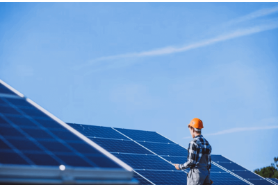 Instalador de equipamentos de energia solar analisando placas solares