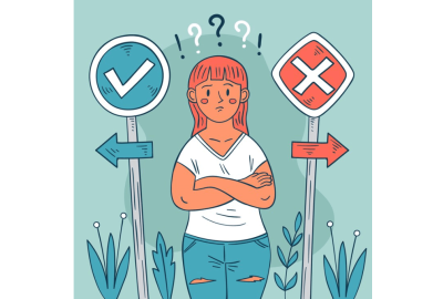 Ilustração de uma menina no centro da imagem, com pontos de interrogação e exclamação em cima da cabeça. Atrás dela, há duas placas apontando para direções diferentes.