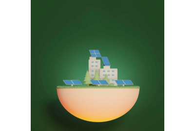 Ilustração de placas solares aplicadas em prédios.