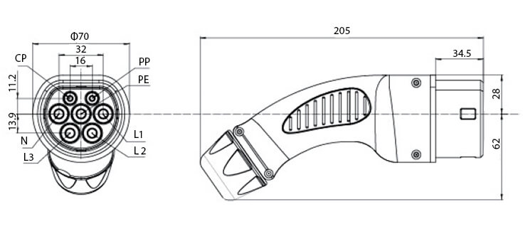 Conector Fêmea do Cabo para Carro Elétrico Tipo 2 (Lado Veículo) Conector Fêmea do Cabo para Carro Elétrico Tipo 2 (Lado Veículo)
