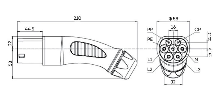 Conector Macho do Cabo para Carro Elétrico Tipo 2 (Lado Carregador) Conector Macho do Cabo para Carro Elétrico Tipo 2 (Lado Carregador)