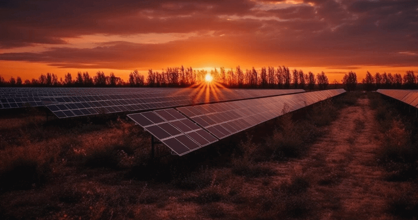 Placas Solares instaladas em local aberto durante o por do sol Placas Solares instaladas em local aberto durante o por do sol